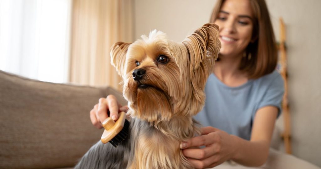 Spazzolatura del pelo durante la toelettatura del cane a casa