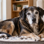 Cane anziano riposa nella sua cuccia in casa