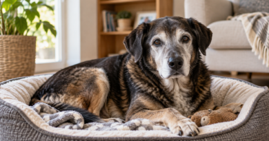 Cane anziano riposa nella sua cuccia in casa