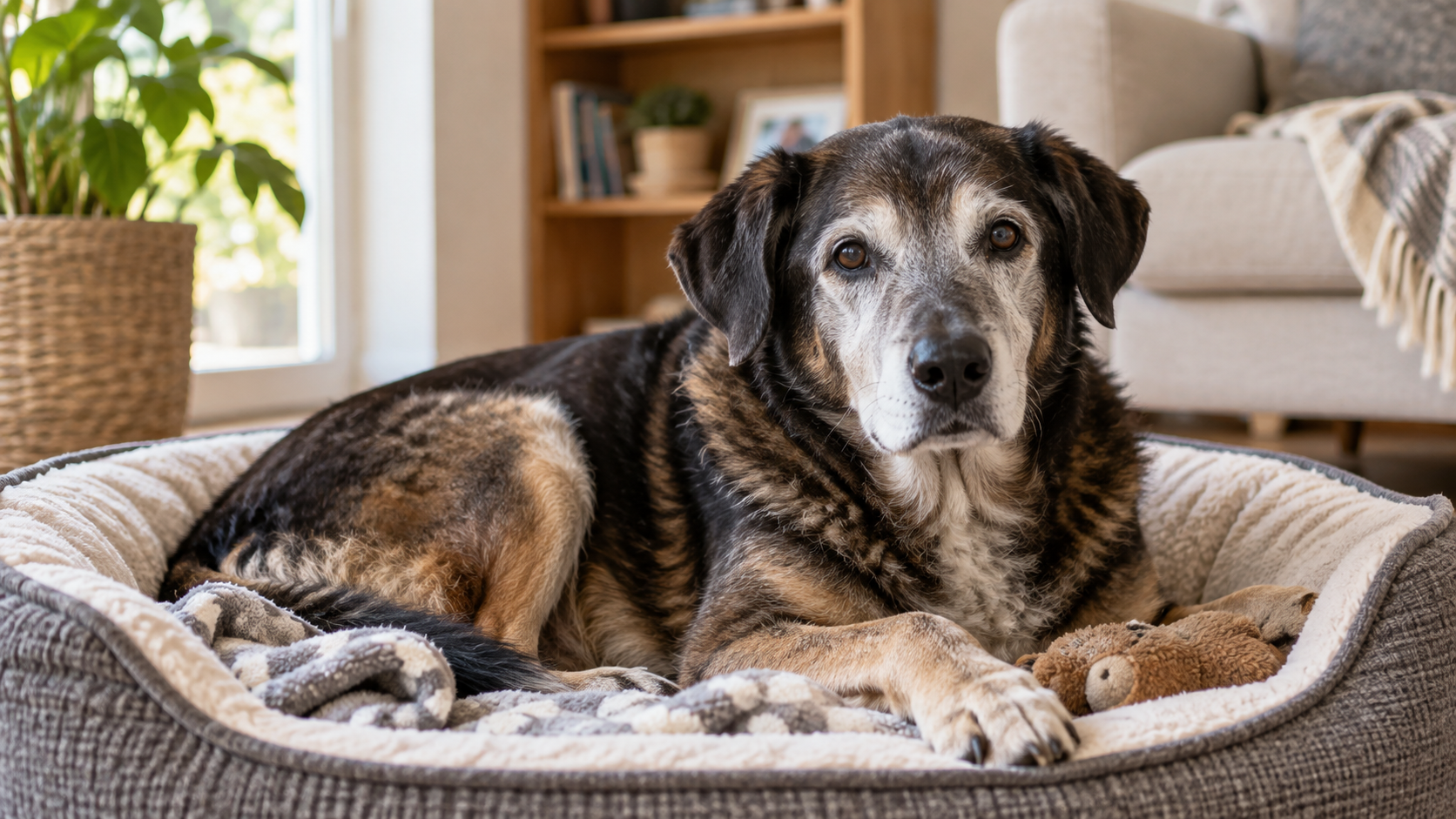 Cane anziano riposa nella sua cuccia in casa