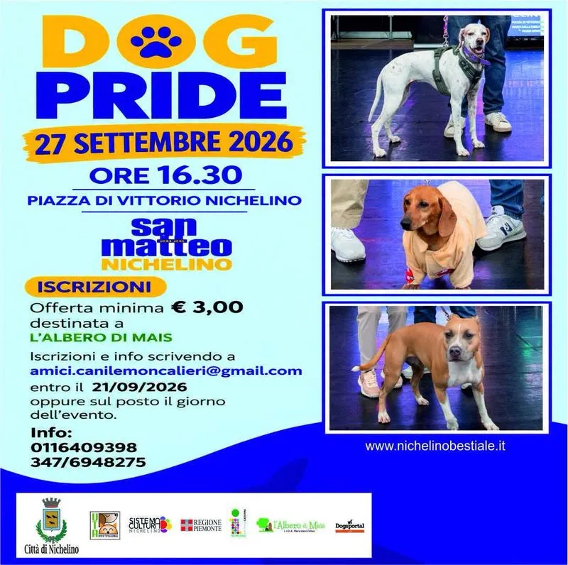 Locandina del Dog Pride 2026 a Nichelino, domenica 27 settembre alle 16.30 in piazza Di Vittorio