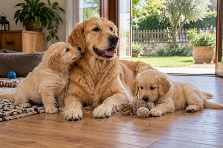 Un cane adulto e due cuccioli in un ambiente domestico con accesso al giardino. Immagine illustrativa.
