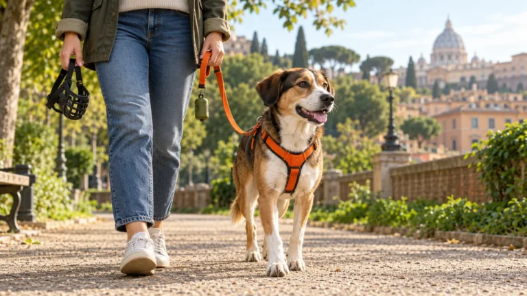 Un cane al guinzaglio accanto al suo umano in un parco urbano; una museruola viene portata in mano. Immagine illustrativa.